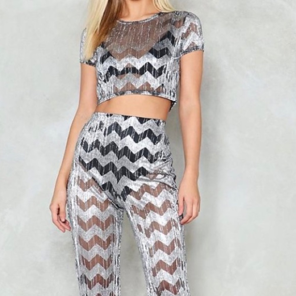 Chevron Last Time Metallic Crop Top and Pants Set